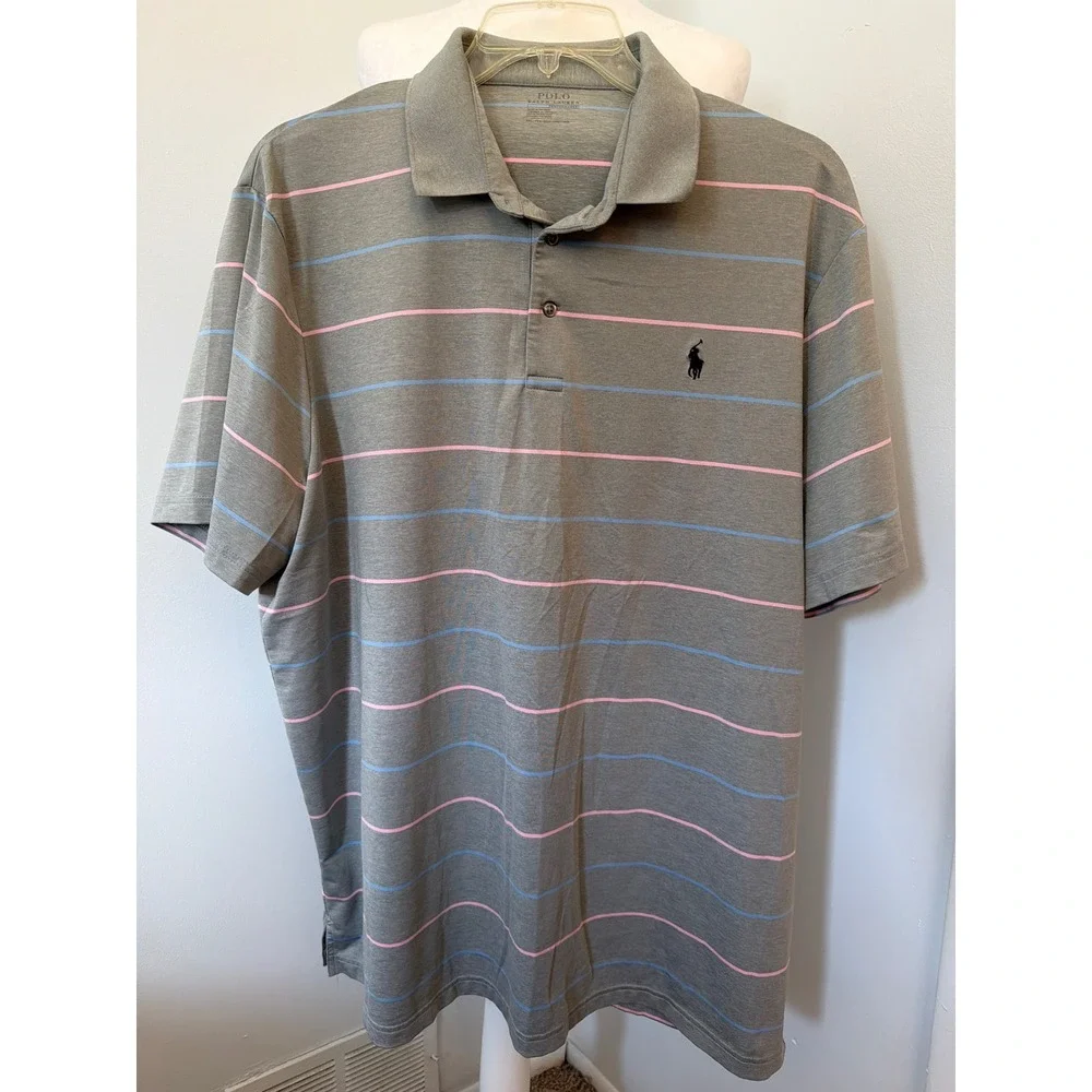 Polo Ralph Lauren Performance Gray Pink Blue Striped Golf Polo Shirt Mens XXL
